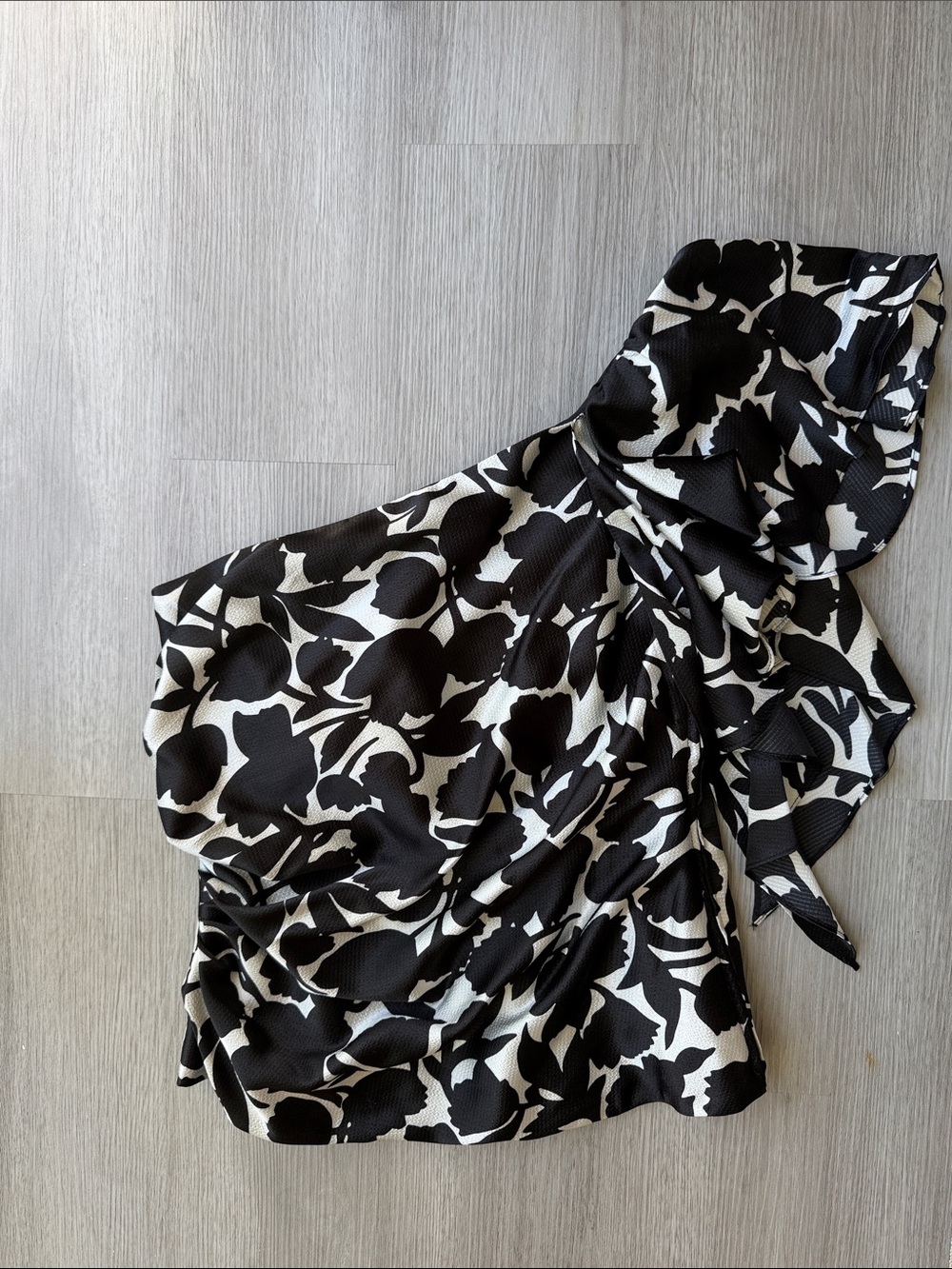David's Bridal Black and White Floral One-Shoulder Ruffle Top